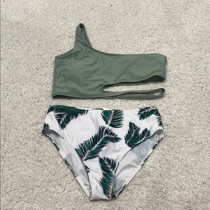 SHEIN Olive One-Shoulder Bikini with Palm Print